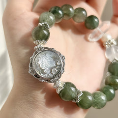 Pearl, Green Rutilated Quartz & White Phantom Quartz Love Bracelet